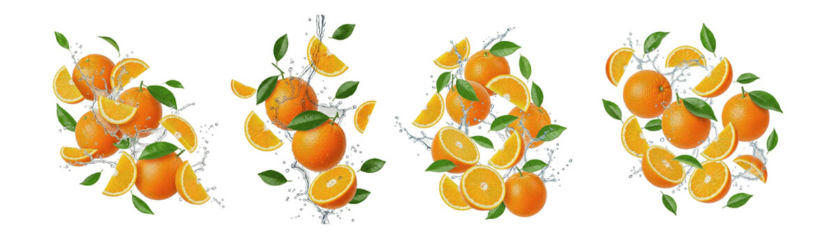Isolated orange fruit water splash set, fresh whole oranges and juicy slices with green leaves falling in clear liquid drops, realistic citrus element for beverage and juice design, transparent backgr