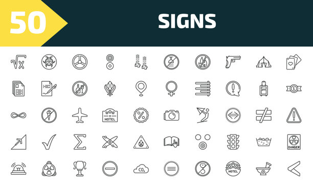 signs outline icon set. thin line square root, biohazard, nuclear, is less than and more icons. editable vector