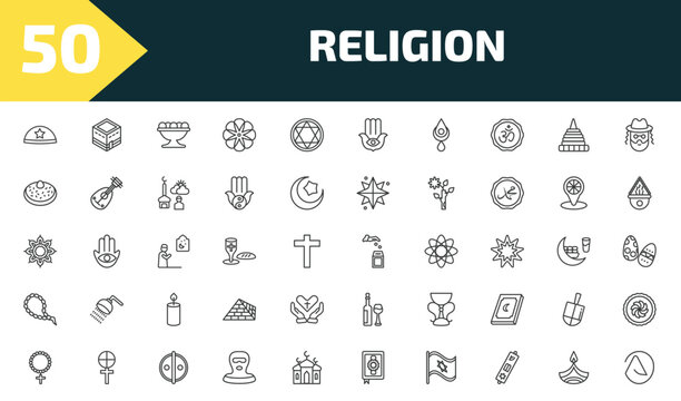 religion outline icon set. thin line yarmulke, kaaba mecca, laddu, atheism and more icons. editable vector