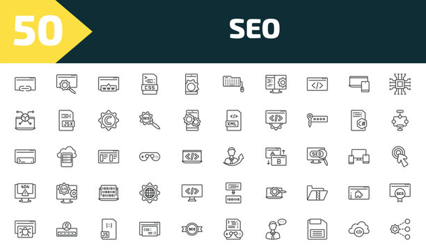 seo outline icon set. thin line hyperlink, web optimization, www, sharing and more icons. editable vector
