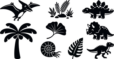 Cute Cartoon Dinosaur and Fossil Silhouette Pack Friendly Baby Prehistoric Characters with Ammonite and Palm Tree Icons  © MirzaAsmaul