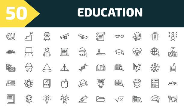 education outline icon set. thin line paint palette, steps to complete, top, lunch and more icons. editable vector