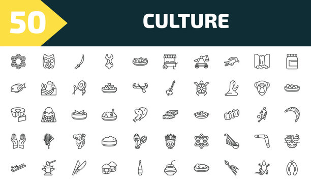 culture outline icon set. thin line israel star of david, native american mask, scimitar, chorizo and more icons. editable vector