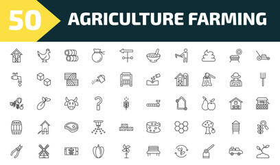 agriculture farming outline icon set. thin line shed, hen, hay roll, plant sprout and more icons. editable vector © Farahim