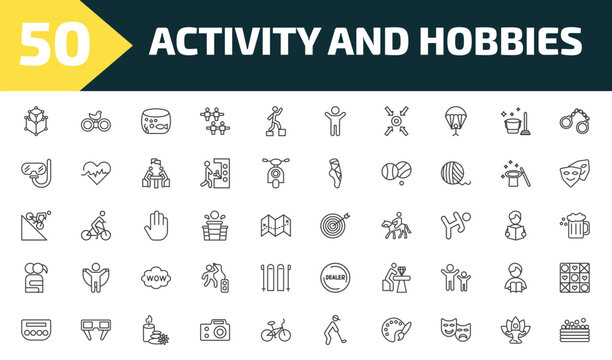 activity and hobbies outline icon set. thin line modeling, bird watching, aquarium, ball pit and more icons. editable vector