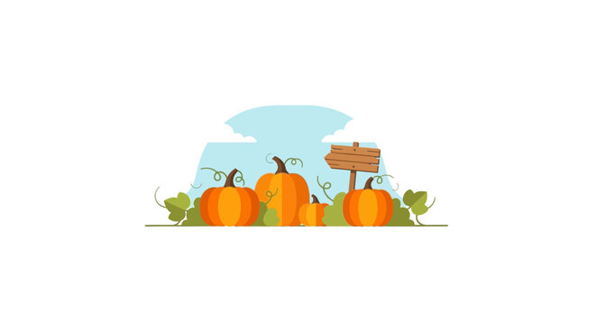 Autumn Pumpkins Harvest Scene with Wooden Sign - Flat Illustration