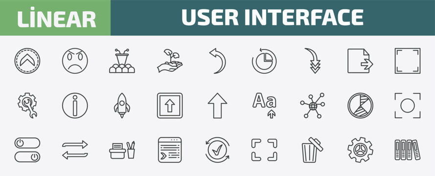 user interface outline icon set. thin line up chevron, angry smile, conference hall, tings and more icons. editable vector
