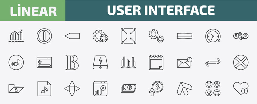user interface outline icon set. thin line evolution, letter i, blank left arrow, the of and more icons. editable vector