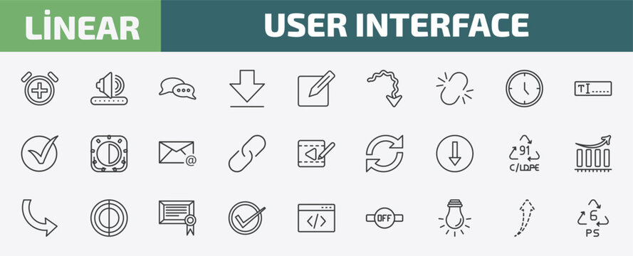 user interface outline icon set. thin line alarm button, amplified speaker, two chat bubbles, up broken line arrow and more icons. editable vector