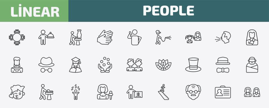 people outline icon set. thin line round table, cooker with tray, sculptor working, identification ard and more icons. editable vector