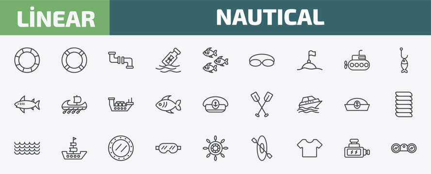 nautical outline icon set. thin line big float, lifesaver, pipe, ship engine and more icons. editable vector