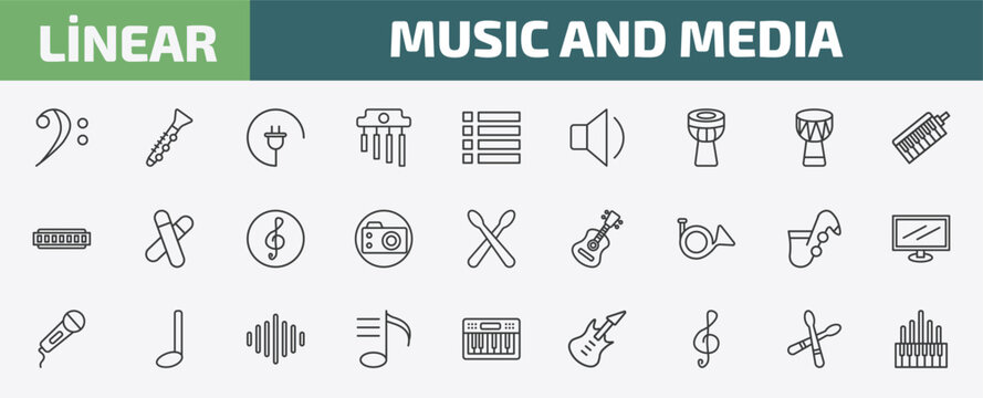 music and media outline icon set. thin line bass clef, oboe, charging plug, drumstick and more icons. editable vector