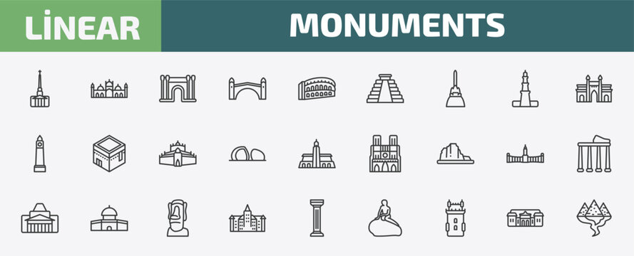 monuments outline icon set. thin line cathedral, badshahi mosque, barcelona, palace of versailles and more icons. editable vector