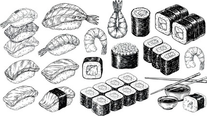 Hand Drawn Vintage Sushi and Rolls Vector Set Featuring Nigiri Maki Sashimi Shrimp and Chopsticks for Japanese Restaurant Menus and Culinary Graphic Designs © Armina
