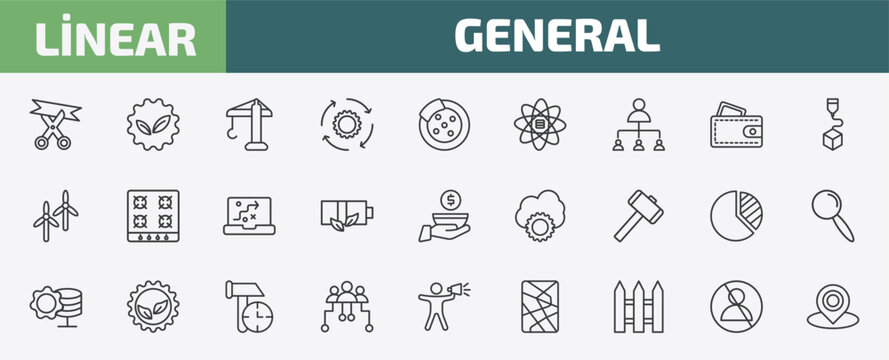 general outline icon set. thin line inauguration, go green badge, construction crane, impeachment and more icons. editable vector