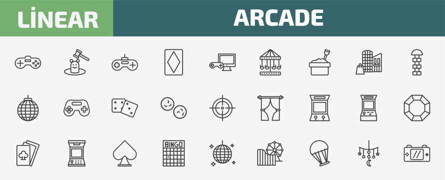 arcade outline icon set. thin line video game, whack a mole, game controller, childhood and more icons. editable vector