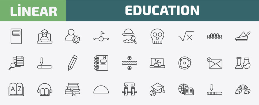 education outline icon set. thin line book of black cover, online class, users tings, window scrolling left and more icons. editable vector