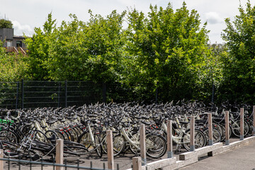 Obraz premium Bicycle Parking Lot with Trees at Center Parcs Villages Nature Paris, France.