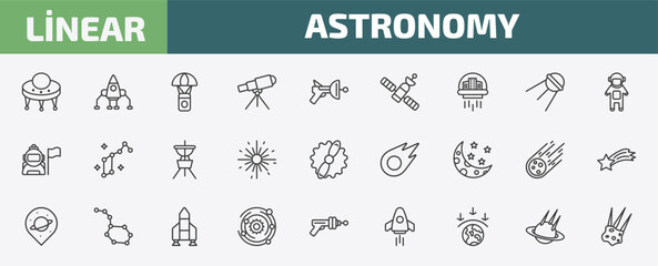 astronomy outline icon set. thin line big ufo, space lander, capsule parachute, space collision and more icons. editable vector © Farahim