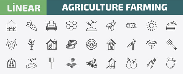 agriculture farming outline icon set. thin line greenhouse, vegetable, combine harvester, shears and more icons. editable vector © Farahim