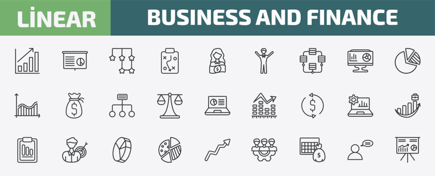 business and finance outline icon set. thin line growing bar graph, statistics presentation, points connected chart, man talking and more icons. editable vector