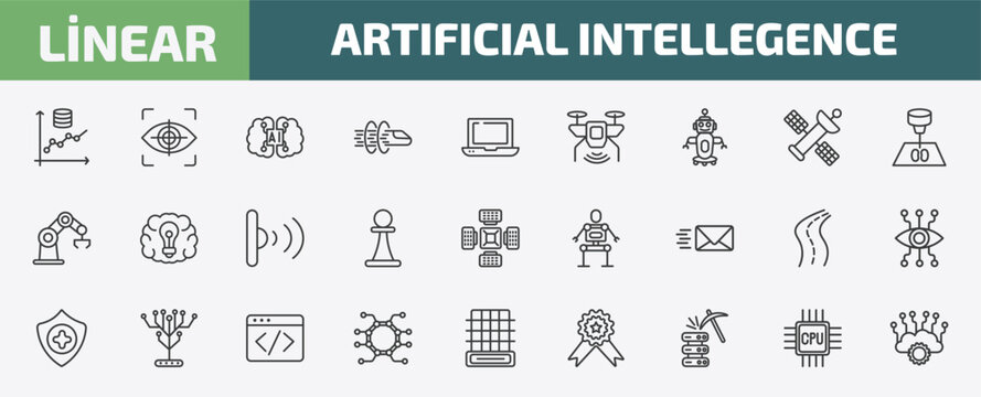 artificial intellegence outline icon set. thin line prediction, eye tracking, artificial intelligence, cpu and more icons. editable vector