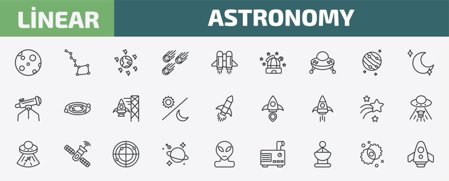 astronomy outline icon set. thin line big moon, big dipper, space junk, nebula and more icons. editable vector