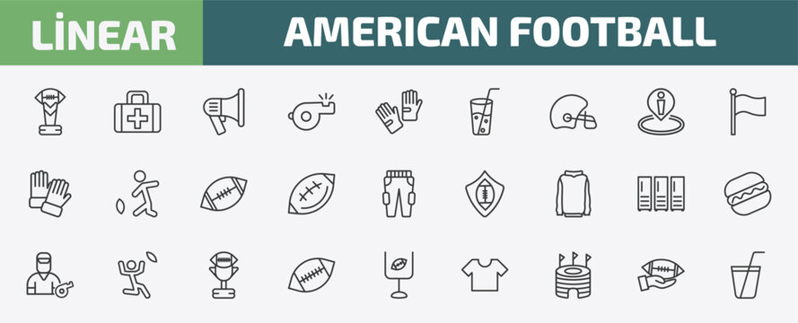american football outline icon set. thin line football trophy, first aid kit, megaphone, hand holding the ball and more icons. editable vector