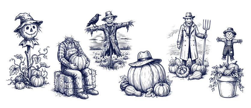 Scarecrow pumpkin vintage drawing set featuring rustic autumn harvest vector illustrations, spooky halloween icons, engraved line art graphics and retro fall design elements on white background.