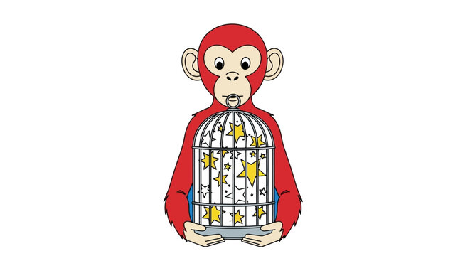 Red Monkey Holding a Starry Cage - Funny Cartoon Illustration
