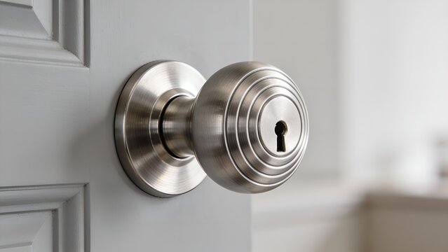 Modern brushed nickel door knob with a circular textured design and a central keyhole mounted on a clean white wooden door in a bright home interior