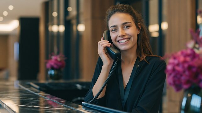 Receptionist Answers Phone at Hotel Front Desk and Provides Customer Support With a Welcoming Smile