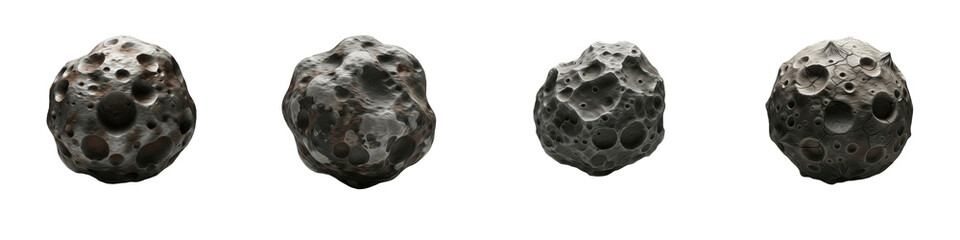 Set of 4 Cratered Asteroids and Dark Volcanic Lava Rocks Isolated on White Background, 3D Render Moon Meteorite Assets for Sci-Fi Game Design, Textured Pumice Stone and Astronomy Celestial Elements fo © Jazzy E
