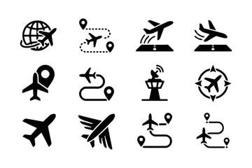 Obraz premium World globe sphere icon line set. Planet earth global map location, worldwide network business, international flight travel, locations navigate signs vector illustration transparent PNG.