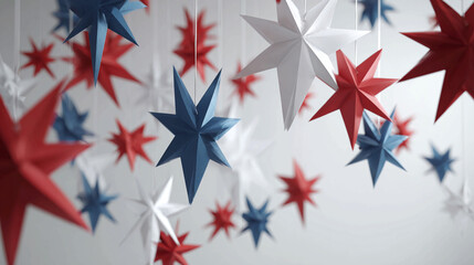 Obraz premium Colorful patriotic star decorations hanging in festive indoor celebration setting