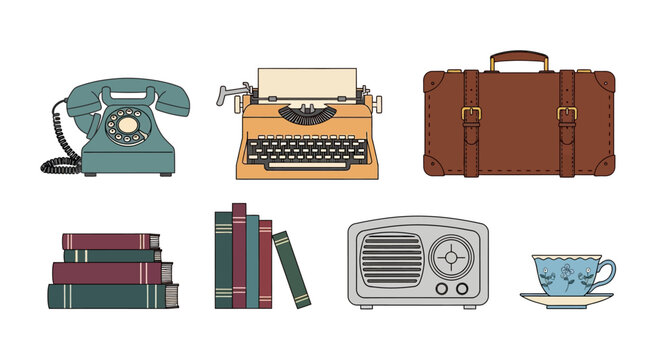 Vintage Objects Collection: Retro Telephone, Typewriter, Suitcase, Books, Radio, Teacup