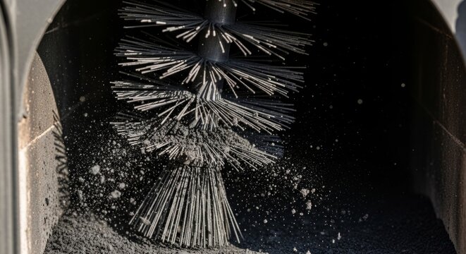 Chimney brush cleaning dark soot from flue pipe, close-up view of maintenance and home safety with strong textures and copy space