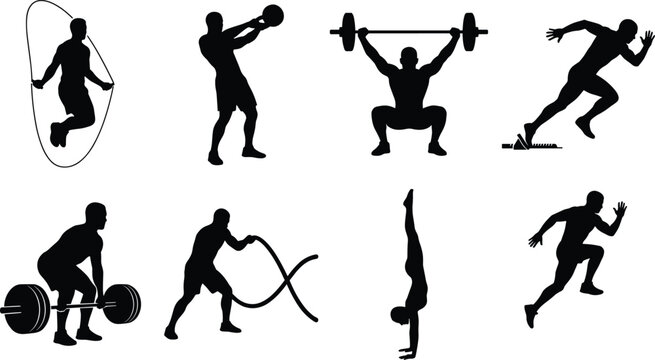 Athletic fitness silhouette icons, jump rope, kettlebell, barbell squat, sprinting, deadlift, battle ropes, handstand, running illustration