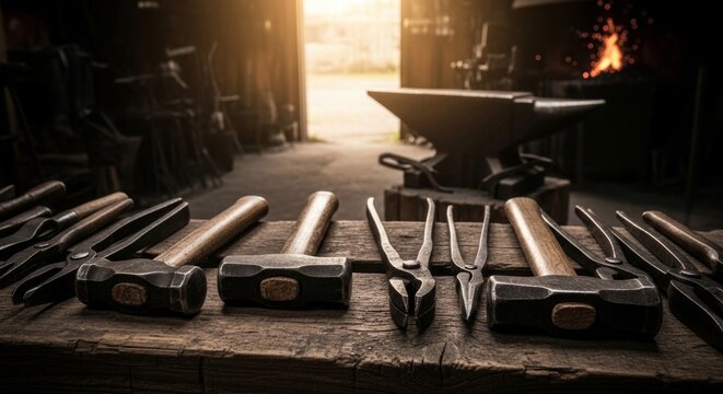 Blacksmith's heavy iron tools laid out on a rustic wooden workbench in a traditional forge workshop with warm golden hour light