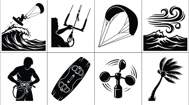 Kite surfing icons, kiteboard, harness, canopy, wind waves, anemometer, palm tree illustration