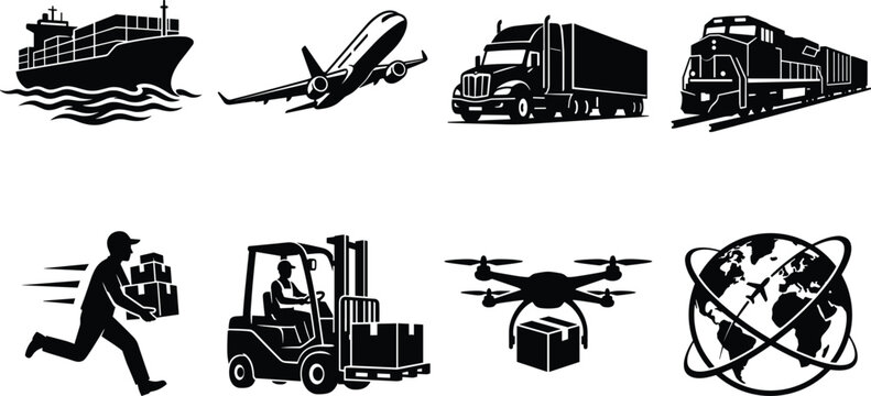 Transportation and logistics silhouette icons, cargo ship, airplane, truck, freight train, delivery person, forklift, drone, global shipping illustration