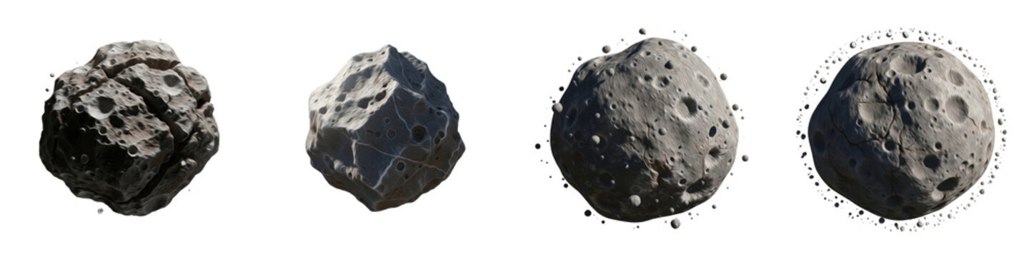 Set of 4 Realistic Asteroids and Cratered Space Meteorites Isolated on White Background, 3D Render Moon Rocks and Cosmic Boulder Assets for Sci-Fi Game Design, Textured Astronomy Celestial Elements fo