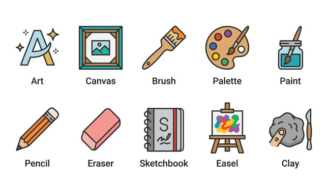 Colorful flat design art supplies collection illustration.