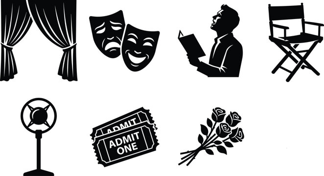 Theater and performance icons, stage curtains, masks, script reading, director chair, microphone, tickets, roses illustration