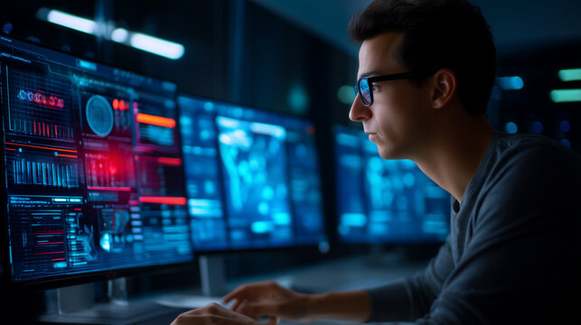 Cybersecurity analyst monitoring digital threat intelligence dashboard in dark operations center, focused IT specialist with glasses analyzing data screens, neon blue and red inter