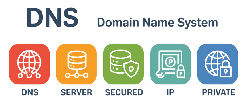 DNS server secure network icon set showcasing cybersecurity and domain system symbols in vector style for internet architecture, hosting, and data security concepts.