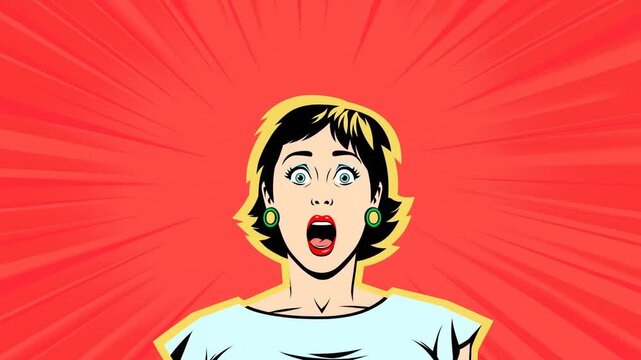 Zoom in close up shot of woman gasping with hands raised against red comic pop art backdrop in three panel sequence progressive reveal of shocked expression