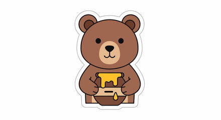 Fototapeta premium Cute cartoon bear holding a pot of dripping honey, isolated on white
