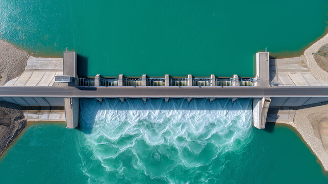 Aerial view of hydroelectric dam and spillway bridge releasing water into turquoise reservoir, renewable energy infrastructure, river flow control, water management, flood preventi