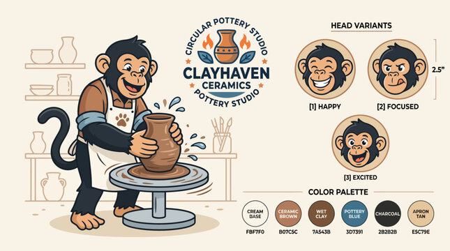 Cartoon monkey crafting pottery in studio.